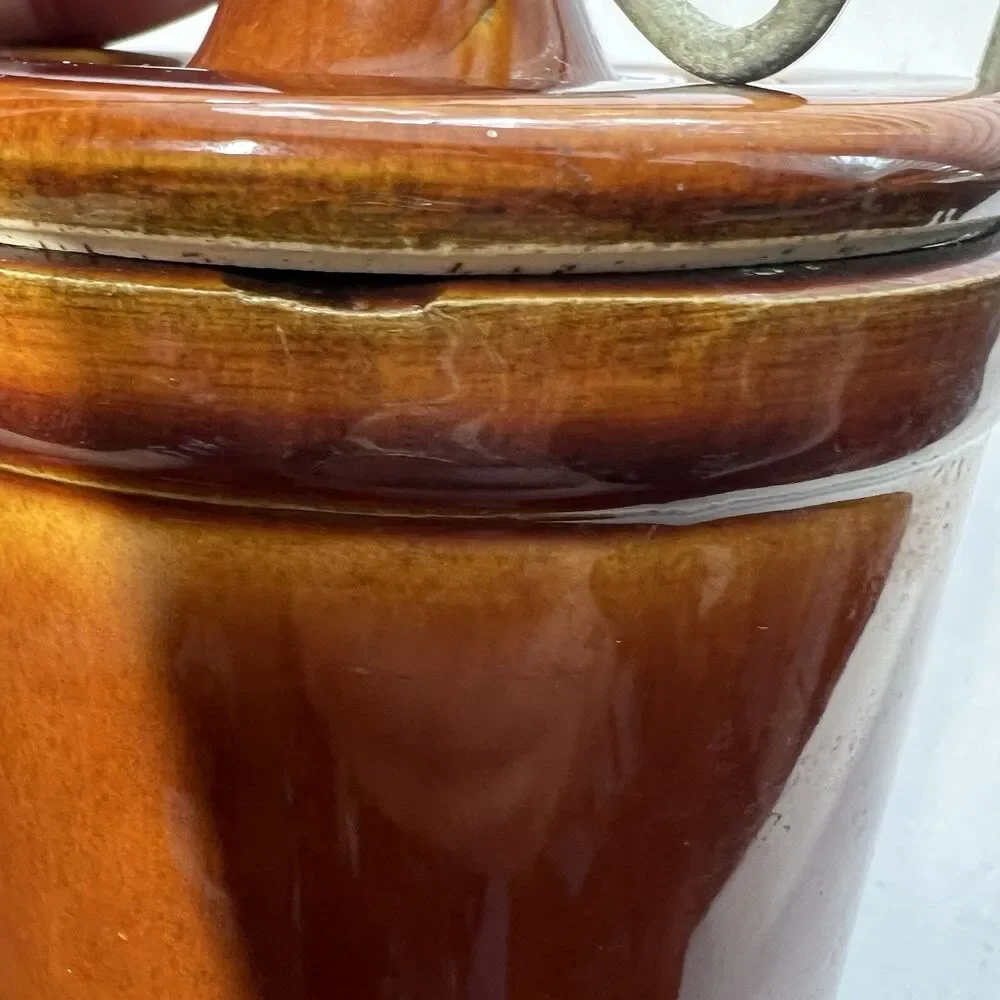 Vintage Brown Glazed Stoneware Cheese Crock Lid Locking Wire Bail Jar Flaws 5”